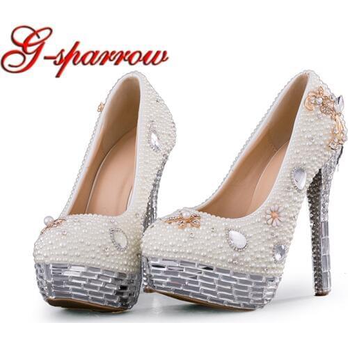 Crystal Wedding Shoes Plus Size White Pearl Bridal Dress Pumps New Design Luxury Rhinestone Platform Prom Event High Heels
