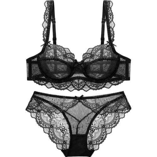 Ultra-thin lace transparent ladies bra and panties set, large size underwear set, underwear A B C D E cup 90C 90D 95C 95D