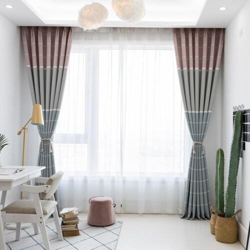Nordic Style Linen Powder Curtain Gray Lattice High Shading Curtains for Living Room Bedroom Modern Window Tulle Home Decoration