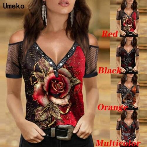 Umeko Plus Size 5XL 2021 Summer Vintage Rose Printed Women T-shirt Sexy V Neck Mesh Short Sleeve Tops Clothing Fashion Elegant