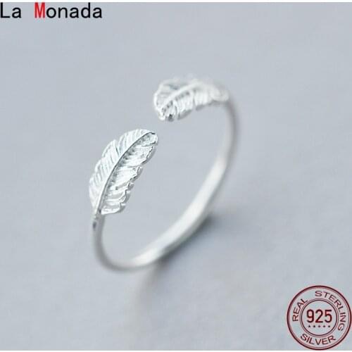 La Monada 50-59mm 925 Sterling Silver Rings For Women Open Resizable Adjustable Leaf Feather Ring Finger Silver 925 Jewelry