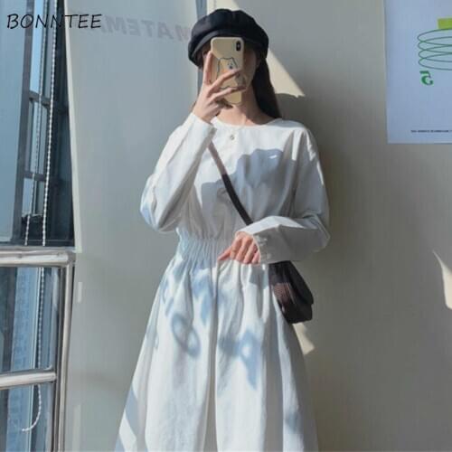 Long Sleeve Dress Women Lovely Solid Simple Chic Fall Empire Ladies Vestido All-match Autumn Basic Female Clothing Party Daily