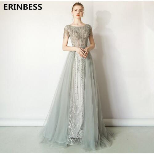 2020 Vestido De Festa Smoke Gray Long Prom Dresses Scoop Neck Short Sleeve Party Gowns Women Formal Mermaid Prom Dress Gowns