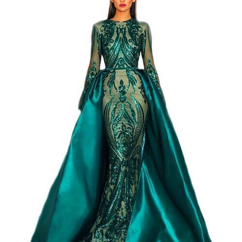 New Two Piece Detachable Train Long Evening Dress Sequins Embroidery Lace Long Sleeves O Neck Formal Bridal Prom robe de soiree