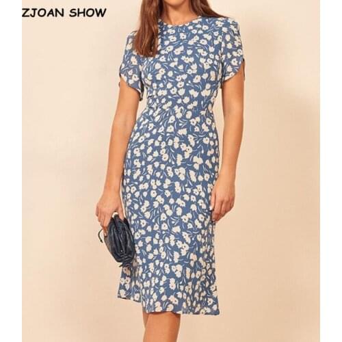 Vintage French Women Hit Color Flower Print Midi Dress Summer Round Collar Short sleeve Slim Chiffon Dress
