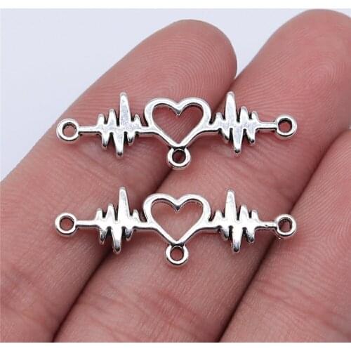 10PCS/lot 31*10mm Metal Charm Heart Ecg Connector Antique Silver Color Making DIY Handmade Tibetan Jewelry DIY