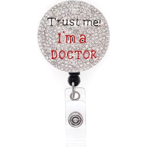 10pcs/lot Silver Rhinestone "Trust Me! I am a Doctor! " Round Shape Retractable Badge Holder Medical Doctor Badge Holder