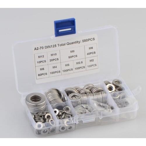 580pcs Washer Set M2 M3 M4 M5 M6 M8 M10 M12 Stainless Steel Washer Flat Washers Ring Plain Washer Gaskets Assortment Kit GB97