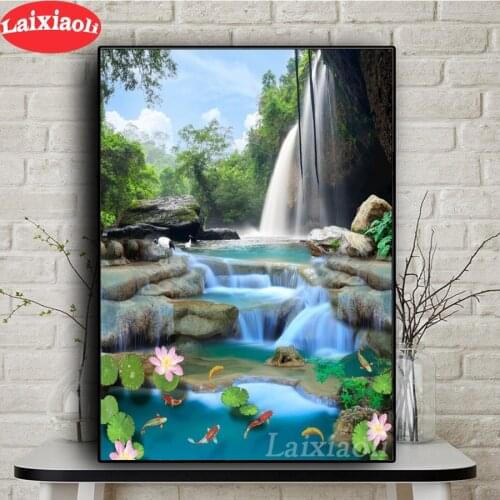 DIY Diamond Painting waterfall landscape diamond Embroidery fish koi 5d mosaic Diamond needlework cross stitch fengshui home art