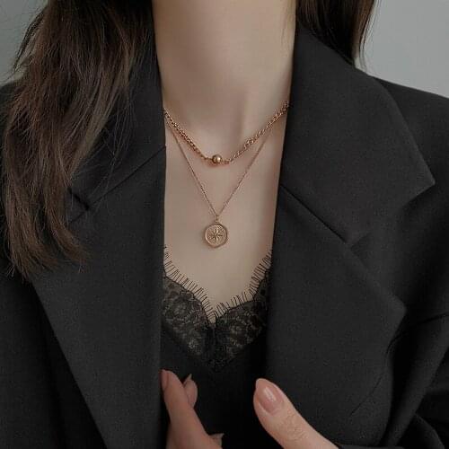 Titanium steel non-fading double layered necklace 2021 new female temperament clavicle chain Yonzi star round brand pendant