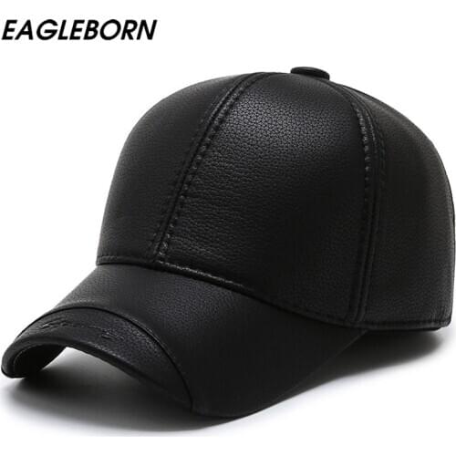 EAGLEBORN Winter Men Hat PU Baseball Cap Dad Hat Leather Baseball Cap Middle-aged Hat High Quality Winter Hats Man Russia Hat