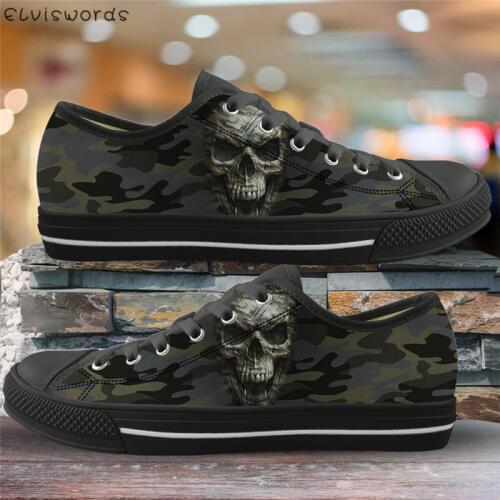 ELVISWORDS Punk Style Women Casual Shoes Camouflage Skull 3D Print Vulcanized Shoes for Cool Office Ladies Canvas Low Top Flats