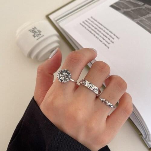 925 Sterling Silver Rings Women Layered Vintage Happy Smiley Face Adjustable Ring Cuban Chain Punk Statement Trendy Jewlery