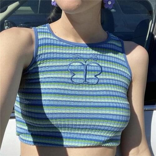 Summer Women Slim Fit Crop Tops Butterfiles Stripes Patchwork Round Collar Sleeveless Vest Ribbed Pullovers Sexy Club Street