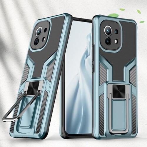 Carbon Fiber Magnetic Phone Case for Xiaomi Mi 11 Car Mount Shockproof Hard PC + TPU Metal Ring Kickstand Cover for Xiaom Mi 11