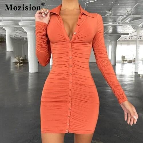 Mozision Autumn Ruched Long Sleeve Dress For Women Y2K Casual Single Breasted Bodycon Dresses Female Sexy Party Dress Womens