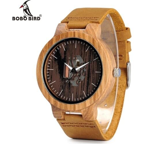 BOBO BIRD Mens Wood Watches Natural Brown Cowhide Leather Strap Quartz Watch Packaged in Wooden Gift Box Relogio Masculino