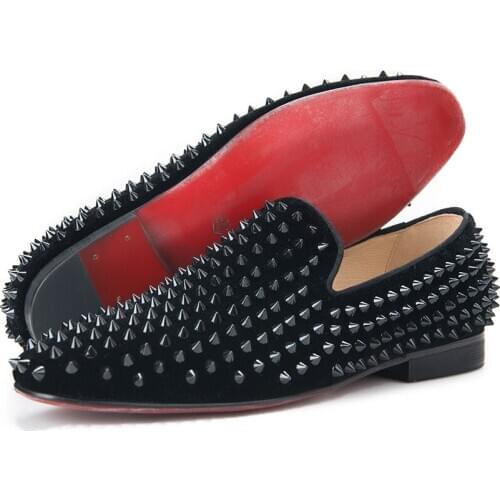 Men Shoes Black Velvet Print Black Rivet Men Handmade Loafers Fashion Party Banquet Men Smoking Slippers MaleS Flats