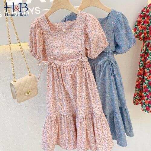 Humor Bear Girls Dress 2021 New Summer Puff-Sleeve Floral Printed Sweet Pricess Dress Toddler Kids Clothes