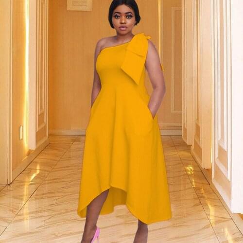 Women Summer Dresses One Shoulder Big Bow Party Event Fit High Low Dress Bright Color Large Size Birthday Occasion Celebrity New