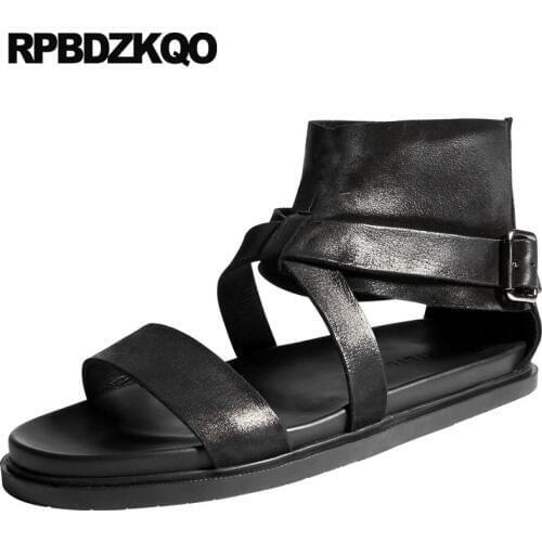 Size 45 Designer Large Genuine Leather Black Flat 2018 Shoes Boots Famous Brand High Quality Roman Men Gladiator Sandals Summer