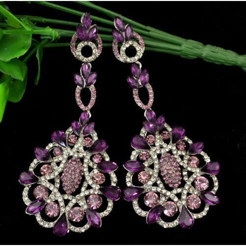 Idealway Bohemian Purple Blue Zircon Drop Flower Wedding Long Earings For Women Girl Fashion Wedding Party Engagement Jewelry