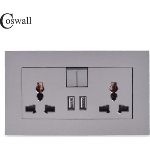 COSWALL 13A Universal Switched Socket 2 USB Charge Port For Mobile Output 2.1A Wall Outlet Grey Color PC Panel