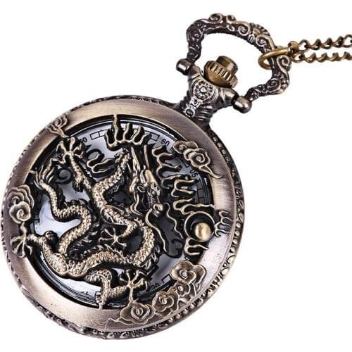 Vintage Retro Bronze Dragon Quartz Pocket Watch Pendant Chain Necklace Clock Anime Pocket Watch Clock Pendant
