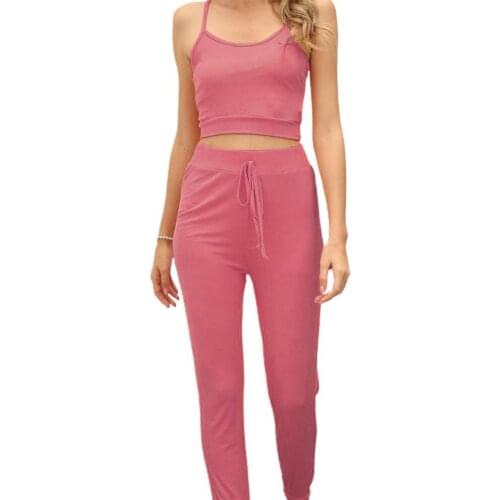 Women Drawstring Trousers Two Pieces Set Activewear Sleeveless Cropped Camisole High Waist Pants Tracksuit for Spring/Summer