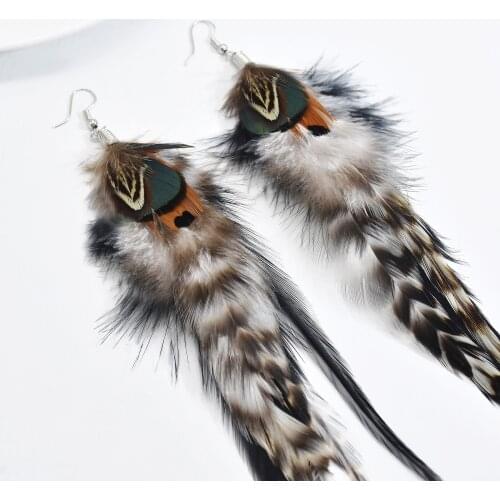 New Bohemian Brown Blue Long Feather Earrings For Women Girls Fashion Feather Chain Dangle Earring Indian Campfire Party Jewelry