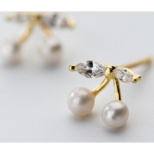 MloveAcc 100% 925 Sterling Silver Cute Tiny Pearl Cherry Clear CZ Stud Earrings Women Jewelry