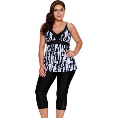 2019 New Womens Abstract Print Tankini Tops Swim Leggings Cropped Pants Two Pieces Swimsuit Surfing Swimwear Plus Size 2XL,3XL