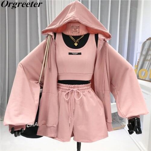 Spring Autumn New Casual Sports Suit Female 2021Fall Vest Shorts Hooded Jacket Fashion Three-Piece Set Tracksuit Women