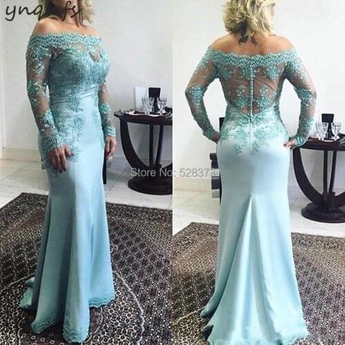 YNQNFS M07 Satin Off Shoulder Long Sleeves Mermaid Lace Vestido Formal Dress Women Elegant 2019 Mother of the Bride Dresses