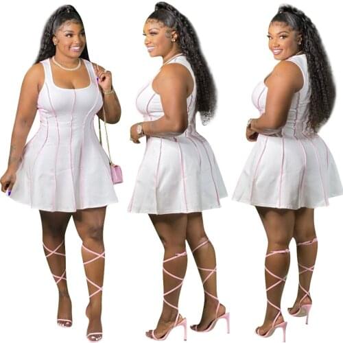 XL-4XL Plus Size Summer Dress Set For Women 2021 Simple Cusual Solid Sleeveless Stitching White Clothing Dresses