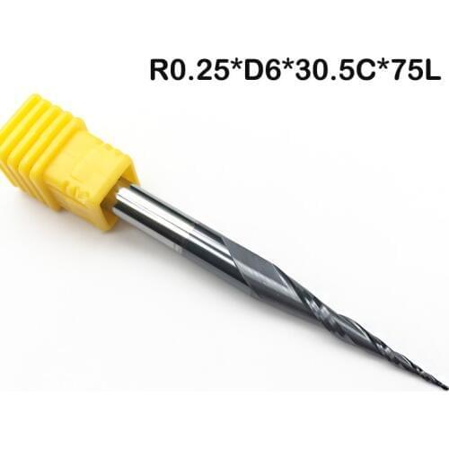 2pcs/lot R0.25*D6*30.5*75L*2F HRC55 Tungsten solid carbide Tapered Ball Nose End Mills Bit cone milling cutter wood knife tools