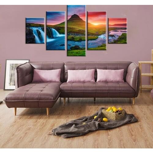Wall Art Canvas Prints Pictures 5 Pieces Beautiful Iceland Waterfall Paintings Green Mountain River Landscape Posters Home Decor