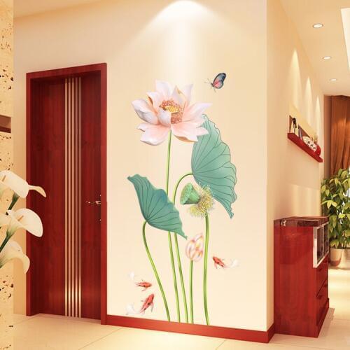 55*105cm Lotus Living Room Bathroom Home Decor Wall Sticker DIY Chinese Style Flower Fish Vintage Poster Mural
