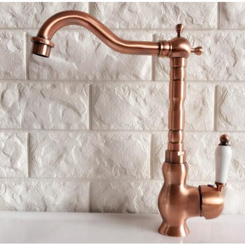 Antique Red Copper Brass Bathroom Kitchen Basin Sink Faucet Mixer Tap Swivel Spout Single Handle One Hole Deck Mounted mnf408