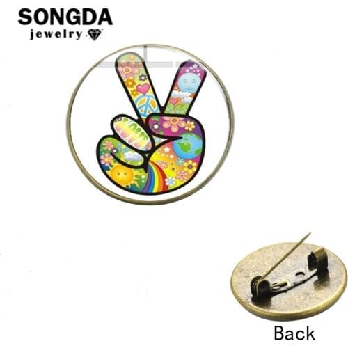 SONGDA V Sign Victory Hand Brooch Button Hippie Peace & Love Symbol Moon And Sun Rainbow Lapel Pin Badges Decorative Accessories