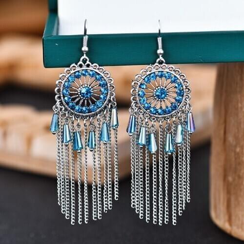 Gypsy Boho Dreamcatcher Crystal Tassel Indian Earrings Women Orecchini Ladies Retro Silver Color Long Chain Jhumka Earrings