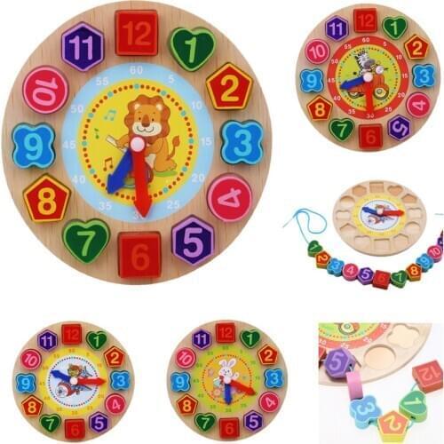 Kids Wooden Puzzle Toys Tangram Cognitive Digital Clock Digital Wood Watch Jigsaw Toys Education Cartoon Threading Assembly Toys
