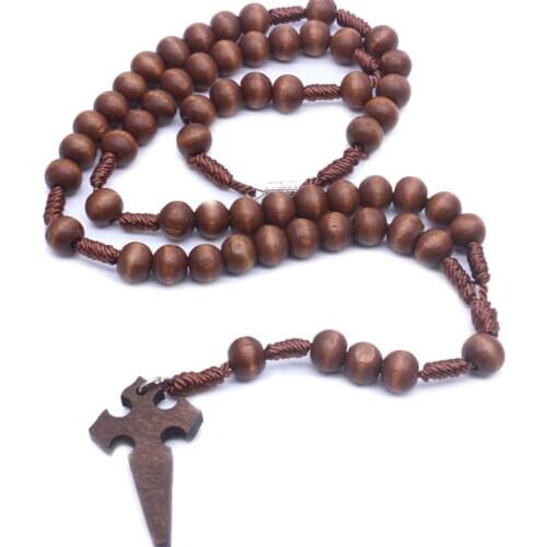 Jesus Wooden Prayer Beads 6mm Rosary Cross Necklace Pendant Woven Rope Chain Jewelry Accessories Church Supplies