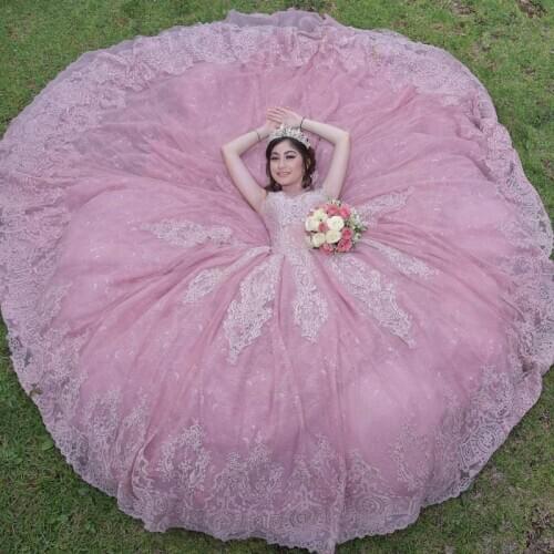 Elegant Pink Quinceanera Dresses Applique Beading Sweet 16 Dress Sheer Neck Mexican vestidos de 15 xv años