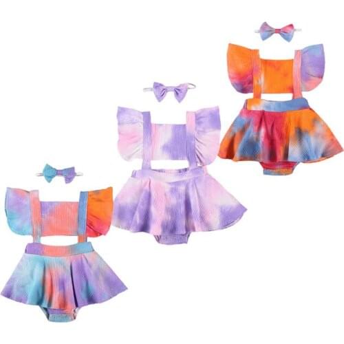 0-24M Newborn Baby Girls Romper Dress Tie-Dye Printed Ruffles Short Sleeve Jumpsuits 3 Colors