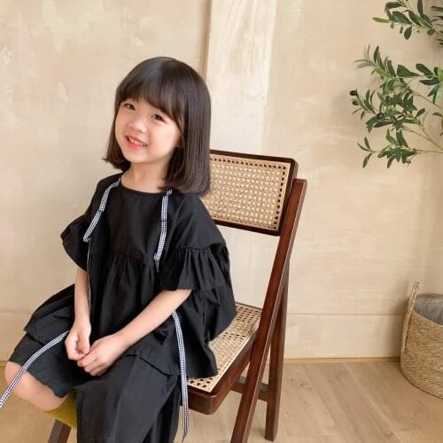 2021 Summer Girl New Irregular Short Sleeve Suit Personality Cotton Loose Casual Children Round Neck Korean Two Piece Set