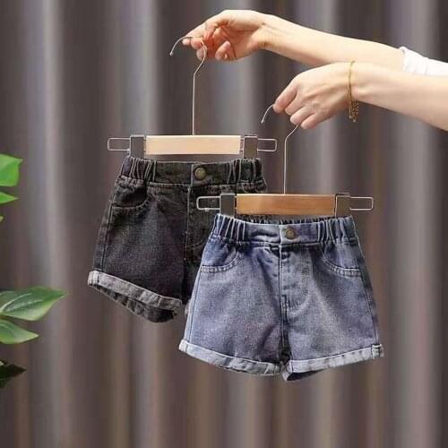 Summer Children‘s Denim Shorts Girls Vintage Solid Mid Waist Youth clothing Character elastic waist wide-leg short jeans 2021