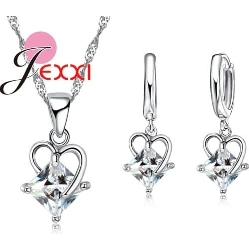 Fashion Elegant Pendant Necklace Hoop Earrings Sets Heart Cubic Zircon Crystal Wedding Engagement Jewellery Set For Women