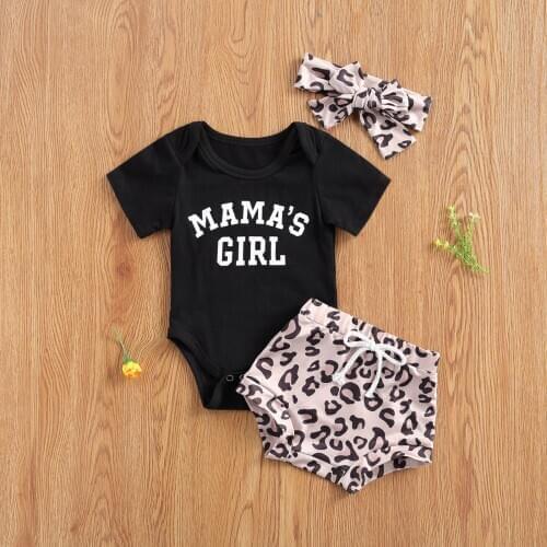 0-18M Infant Baby Girl Casual Clothing MAMA GIRL Letter Print Short-sleeved Romper+Leopard Shorts+Bow Headband Summer 3pcs