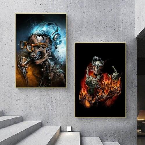 Rock Skull With Headphones Music Poster And Prints Fire Skeleton Art Canvas Wall Painting Decor Mural Pictures For Living Room